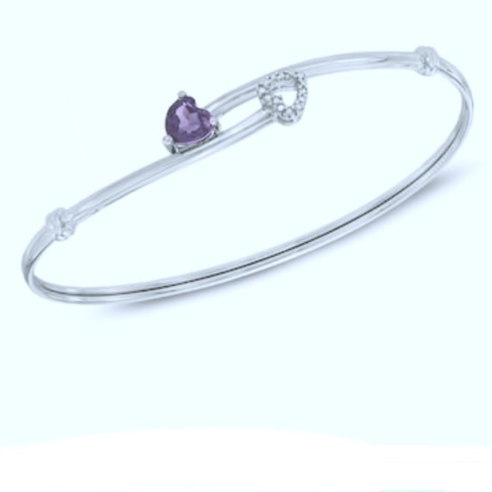 Sterling Amethyst Diamond Heart Bangle  Bracelet